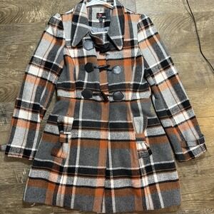 Yumi Women's Pea Coat Plaid Orange/black/white‎ Size 6/8 Toggle Buttons Preppy